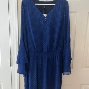 WHBM Long Sleeve Clipped Jacquard Boho Dress, Blue Depths, 16